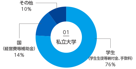 私立大学　学生（学生生徒等納付金、手数料）81%　国（経常費等補助金）9%　その他10%